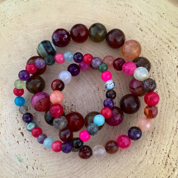 Natural Multi-Color Dyed Faceted Round Agate Gemstone Mixed Bead Bracelet Stack - Picture 5 of 13